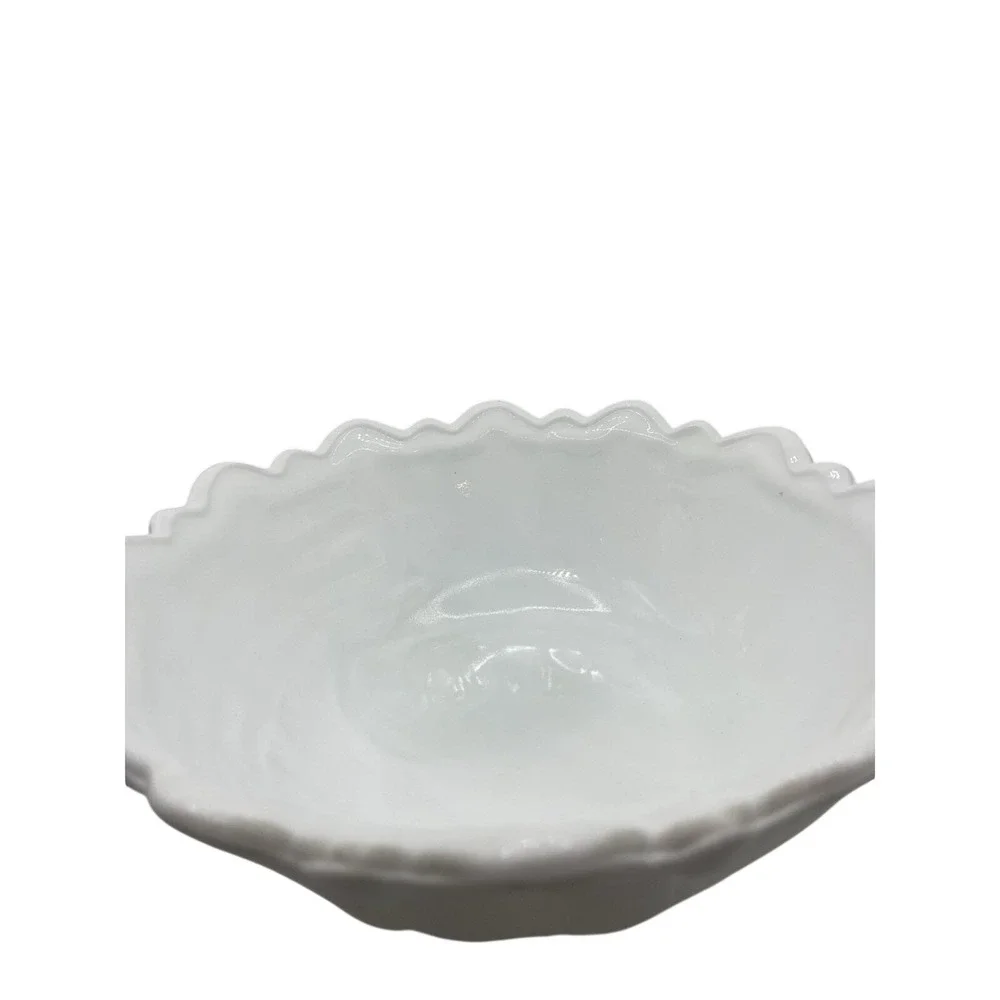 Vintage Milk Glass Bowl – Embossed‎ Leaf & Scroll Design – Ruffled Edge – 8.5